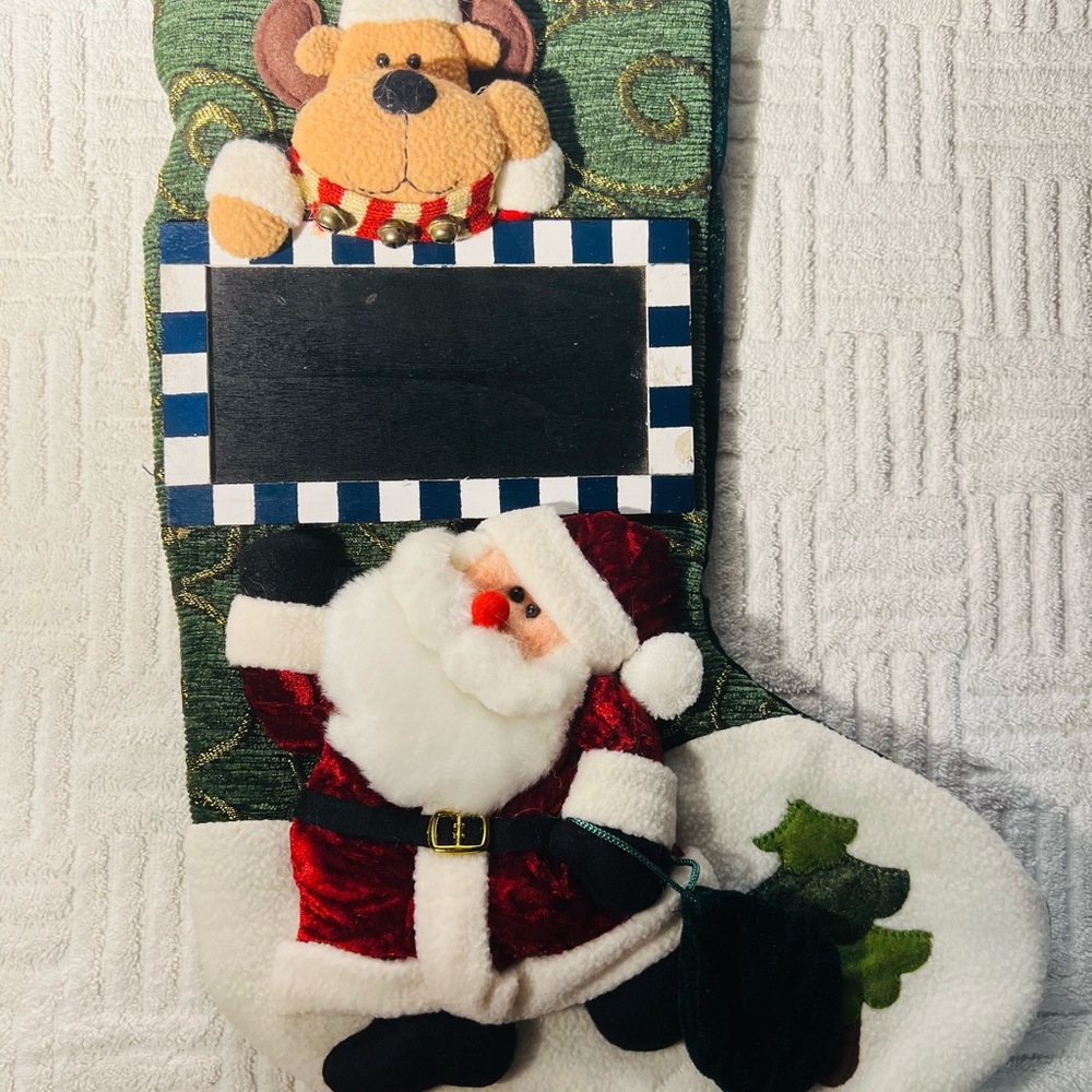 Santa And Bear Green Christmas Holiday Stocking